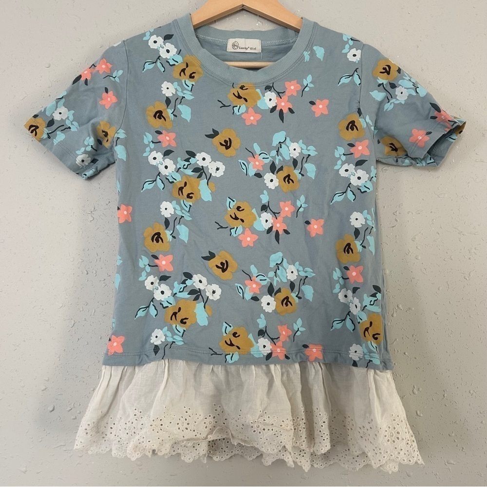 🦋 Lucky Girl Blue White Pink Short Sleeve T-Shirt Blouse Small Casual Pastel 💖